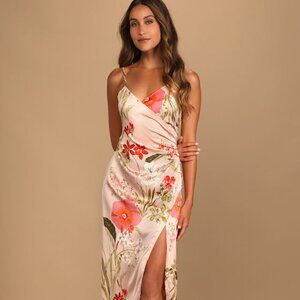 Lulus Remarkable Entrance Pink Floral Print Satin Midi Dress - Size M